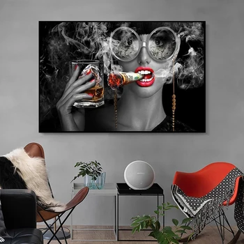 Wall Decor Seksikas Naine Plakat Suitsetamine Maalimislõuend Seina Art Pilte Elutuba Kaasaegse Kodu Decor Klaasi Veini Sigaret 0
