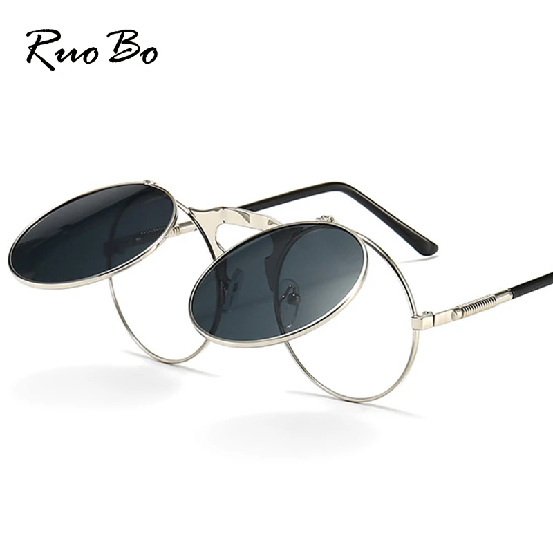 RUOBO Steampunk Ringi Klapp Päikeseprillid Brändi Vintage Design metallraamiga päikeseprillid Meestele, Naistele Ümmarguse Tooni Gafas Oculos